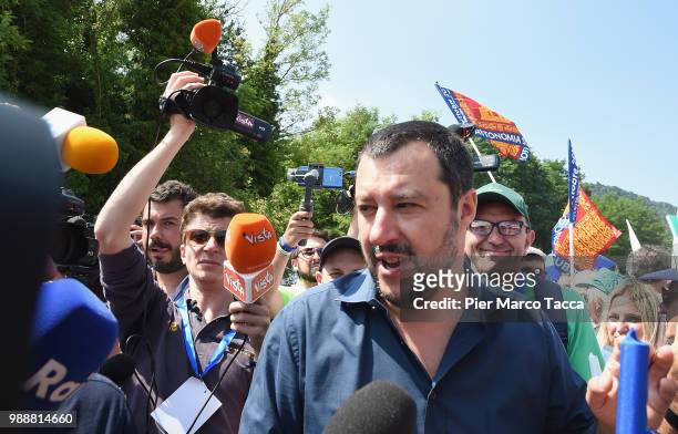 Matteo Salvini, Minister of Interior speak with media at the Lega Nord Meeting on July 1, 2018 in Pontida, Bergamo, Italy.The annual meeting of the...