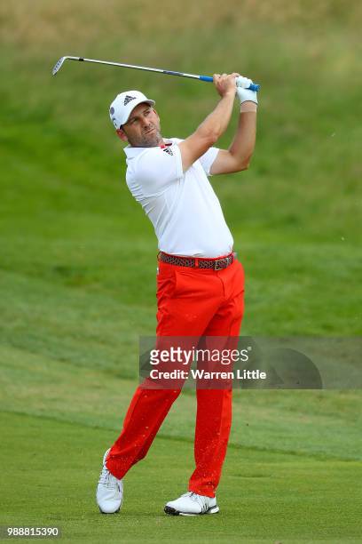 Sergio Garcia of Spain plays his second shot on the 6th hole during day four of the HNA Open de France at Le Golf National on July 1, 2018 in Paris,...
