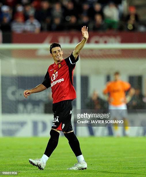 Mallorca's forward Aritz Aduriz celebrates after scoring during a Spanish League football match Mallorca against Real Madrid at the Ono stadium in...