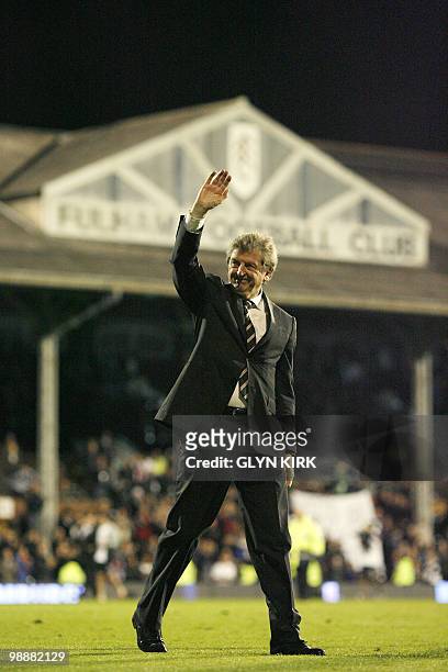 Fulham's English manger Roy Hodgson waves to the fans after their English Premier League football match against Stoke at Craven Cottage, in London,...