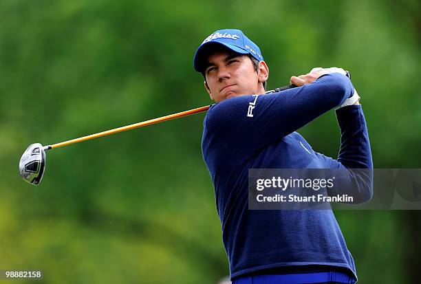 Matteo Manassero of Italy plays his tee shot on the 17th hole during the first round of the BMW Italian Open at Royal Park I Roveri on May 6, 2010 in...