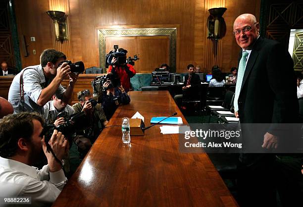 Former U.S. Treasury Secretary Henry Paulson arrives for a hearing before the Financial Crisis Inquiry Commission May 6, 2010 on Capitol Hill in...