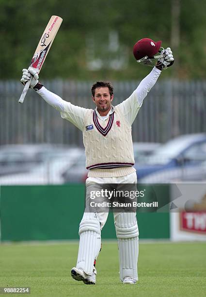 Peter Trego of Somerset celebrates his century during the LV County Championship match between Lancashire and Somerset at Old Trafford Cricket Ground...