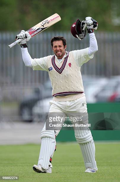 Peter Trego of Somerset celebrates his century during the LV County Championship match between Lancashire and Somerset at Old Trafford Cricket Ground...