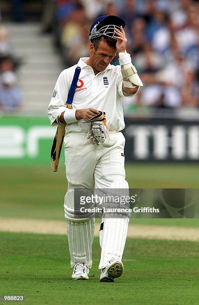 Dejected Alec Stewart of England after losing his wicket to Glenn McGrath of Australia during the first day of the Npower Third Test match between...