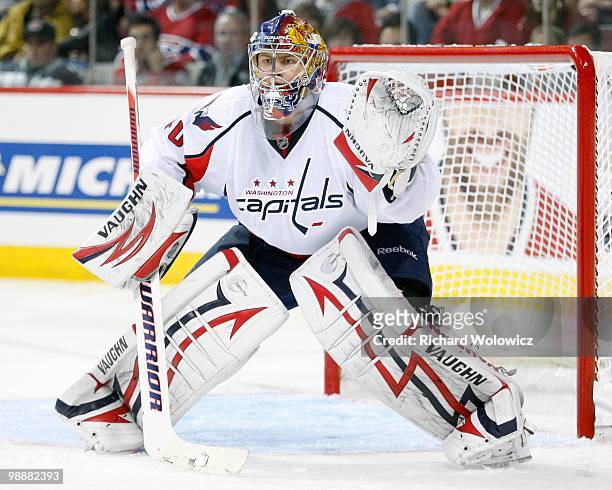 Semyon Varlamov of the Washington Capitals watches play in Game Three of the Eastern Conference Quarterfinals against the Montreal Canadiens during...