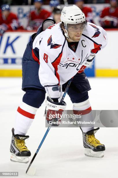 Alex Ovechkin of the Washington Capitals waits for a faceoff in Game Three of the Eastern Conference Quarterfinals against the Montreal Canadiens...