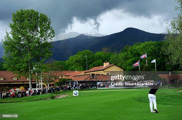 Matteo Manassero of Italy plays his approach shot on the nineth hole during the first round of the BMW Italian Open at Royal Park I Roveri on May 6,...