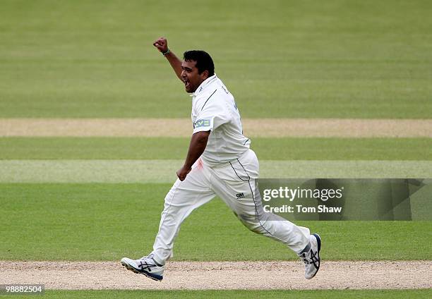 Samit Patel of Nottinghamshire celebrates taking the wicket of Chris Benham of Hampshire during the LV County Championship match between Hampshire...