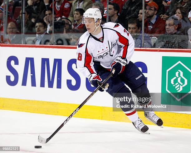 Alexander Semin of the Washington Capitals skates with the puck in Game Three of the Eastern Conference Quarterfinals against the Montreal Canadiens...