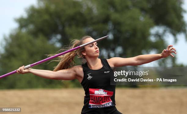 Great Britain's Emma Hamplett competes in the Women's Javelin Final during day two of the Muller British Athletics Championships at Alexander...