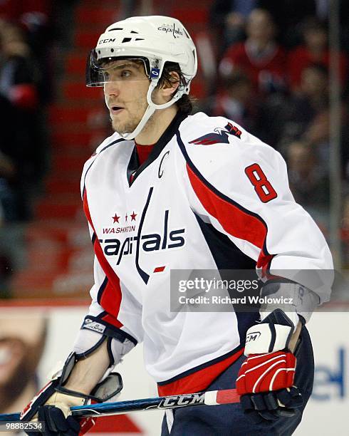 Alex Ovechkin of the Washington Capitals skates in Game Three of the Eastern Conference Quarterfinals against the Montreal Canadiens during the 2010...