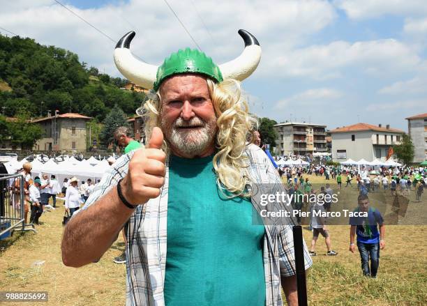 Supporter of the Northern League pose during the Lega Nord Meeting on July 1, 2018 in Pontida, Bergamo, Italy.The annual meeting of the Northern...