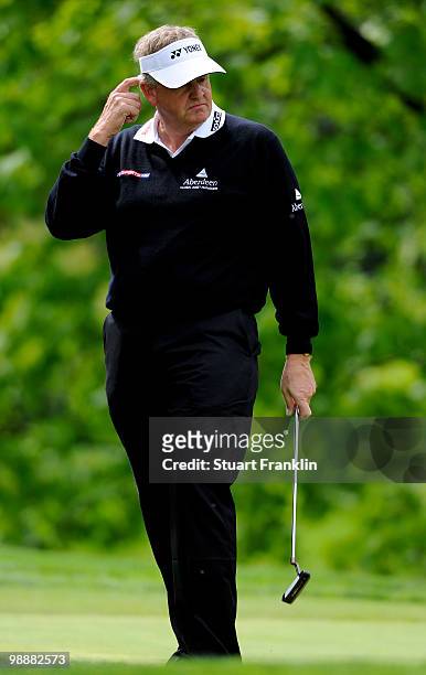 Ryder Cup captain Colin Montgomerie of Scotland ponders his putt on the 11th hole during the first round of the BMW Italian Open at Royal Park I...