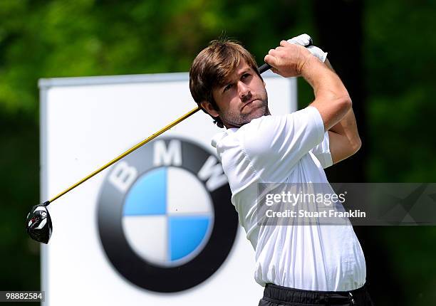 Robert Rock of England plays his tee shot on the eighth hole during the first round of the BMW Italian Open at Royal Park I Roveri on May 6, 2010 in...