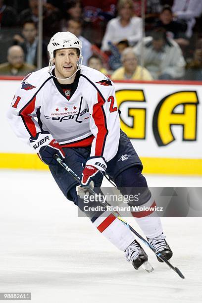 Brooks Laich of the Washington Capitals skates in Game Three of the Eastern Conference Quarterfinals against the Montreal Canadiens during the 2010...