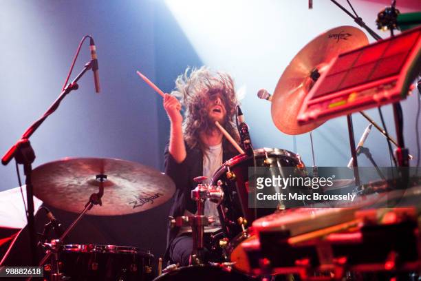 Daniel Stricker of Midnight Juggernauts performs at Koko during day two of The Camden Crawl on May 2, 2010 in London, England.