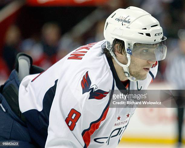 Alex Ovechkin of the Washington Capitals waits for a faceoff in Game Three of the Eastern Conference Quarterfinals against the Montreal Canadiens...