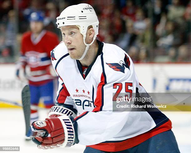 Jason Chimera of the Washington Capitals skates in Game Three of the Eastern Conference Quarterfinals against the Montreal Canadiens during the 2010...