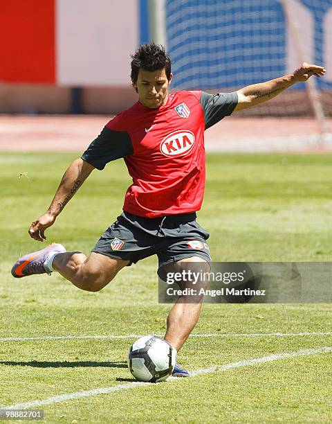 Sergio Aguero of Atletico Madrid in action during a training session held ahead of next week's Europa League Final at Vicente Calderon Stadium on May...