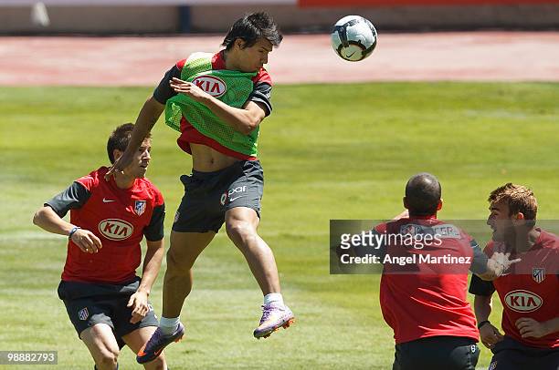 Sergio Aguero of Atletico Madrid in action during a training session held ahead of next week's Europa League Final at Vicente Calderon Stadium on May...