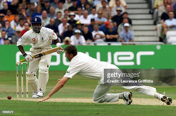 Alex Tudor of England attacks the bowling of Glenn McGrath of Australia during the first day of the Npower Third Test match between England and...