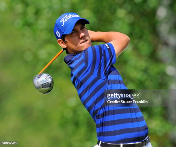Matteo Manassero of Italy plays his tee shot on the 11th hole during the first round of the BMW Italian Open at Royal Park I Roveri on May 6, 2010 in...