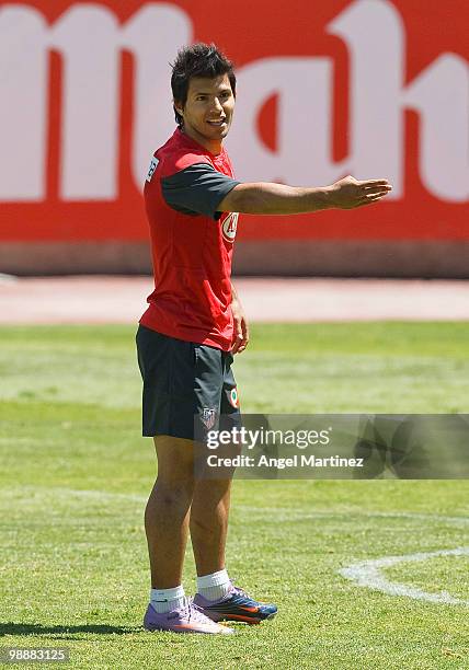Sergio Aguero of Atletico Madrid gestures during a training session held ahead of next week's Europa League Final at Vicente Calderon Stadium on May...