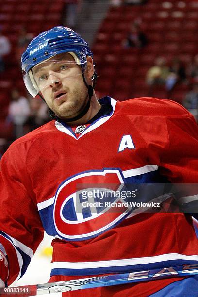 Andrei Markov of the Montreal Canadiens skates during the warm up period prior to facing the Washington Capitals in Game Four of the Eastern...