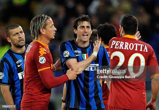 Diego Milito protests during the match the Tim Cup between FC Internazionale Milano and AS Roma at Stadio Olimpico on May 5, 2010 in Rome, Italy.
