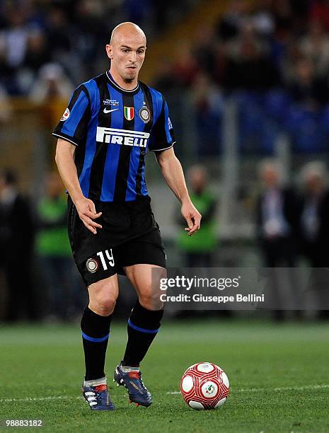 Esteban Cambiasso of Inter runs with the ball during the match the Tim Cup between FC Internazionale Milano and AS Roma at Stadio Olimpico on May 5,...