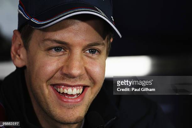 Sebastian Vettel of Germany and Red Bull Racing attends the drivers press conference during previews to the Spanish Formula One Grand Prix at the...