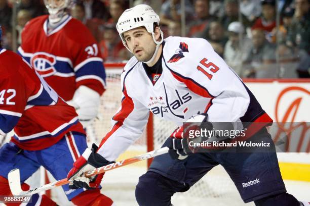 Boyd Gordon of the Washington Capitals skates in Game Four of the Eastern Conference Quarterfinals against the Montreal Canadiens during the 2010 NHL...