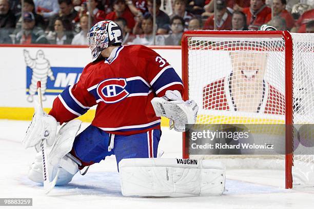 Carey Price of the Montreal Canadiens lets in a goal in Game Four of the Eastern Conference Quarterfinals against the Montreal Canadiens during the...