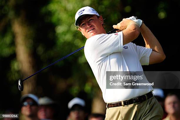 Ernie Els of South Africa plays his tee shot on the 12th hole during the first round of THE PLAYERS Championship held at THE PLAYERS Stadium course...