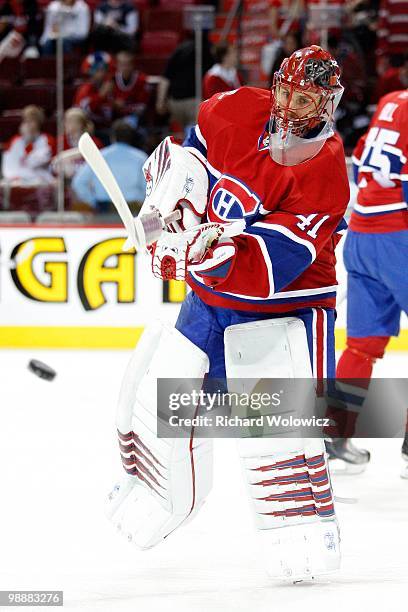 Jaroslav Halak of the Montreal Canadiens shoots the puck during the warm up period to facing the Washington Capitals in Game Four of the Eastern...