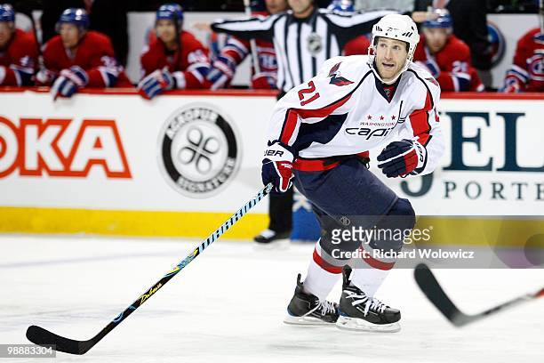 Brooks Laich of the Washington Capitals skates in Game Four of the Eastern Conference Quarterfinals against the Montreal Canadiens during the 2010...