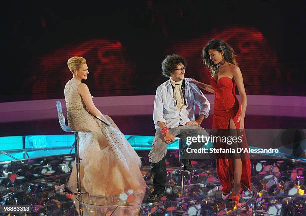 Simona Ventura, Luca Rossetto and Aura Rolenzetti attend 'L'Isola dei Famosi' Italian Tv Show held at Rai Studios on May 5, 2010 in Milan, Italy.