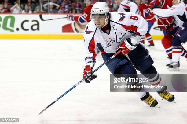 Alex Ovechkin of the Washington Capitals skates in Game Four of the Eastern Conference Quarterfinals against the Montreal Canadiens during the 2010...