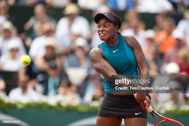 June 9. French Open Tennis Tournament - Day Twelve. Sloane Stephens of the United States in action against Simona Halep of Romania on Court...