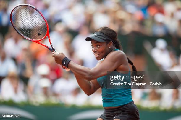June 9. French Open Tennis Tournament - Day Twelve. Sloane Stephens of the United States in action against Simona Halep of Romania on Court...