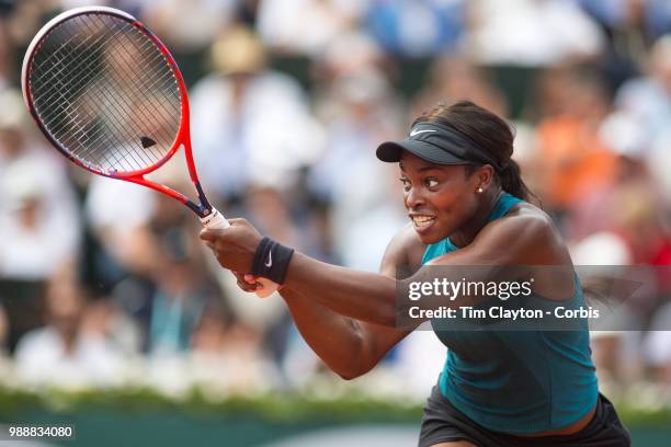 June 9. French Open Tennis Tournament - Day Twelve. Sloane Stephens of the United States in action against Simona Halep of Romania on Court...