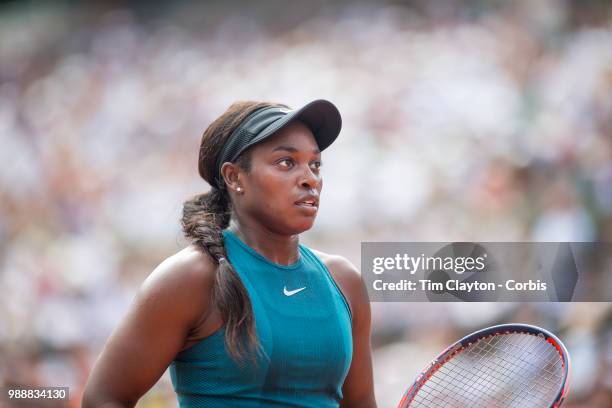 June 9. French Open Tennis Tournament - Day Twelve. Sloane Stephens of the United States in action against Simona Halep of Romania on Court...