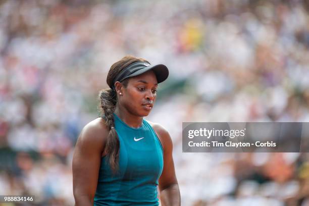 June 9. French Open Tennis Tournament - Day Twelve. Sloane Stephens of the United States in action against Simona Halep of Romania on Court...