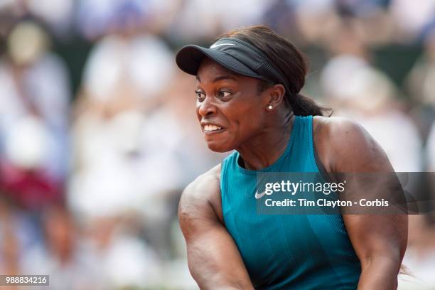 June 9. French Open Tennis Tournament - Day Twelve. Sloane Stephens of the United States in action against Simona Halep of Romania on Court...