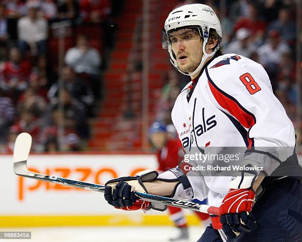 Alex Ovechkin of the Washington Capitals skates in Game Four of the Eastern Conference Quarterfinals against the Montreal Canadiens during the 2010...