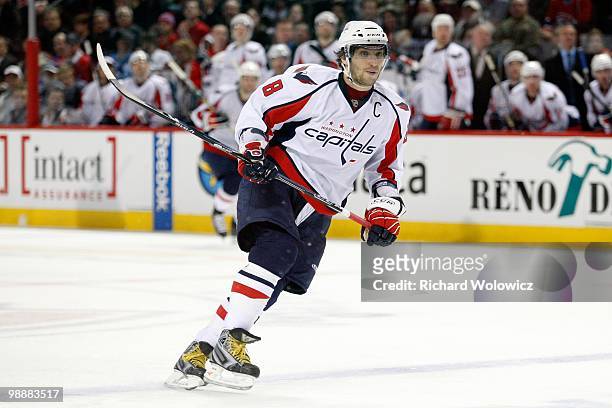 Alex Ovechkin of the Washington Capitals skates in Game Four of the Eastern Conference Quarterfinals against the Montreal Canadiens during the 2010...