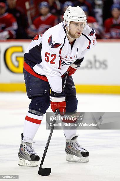 Mike Green of the Washington Capitals waits for a faceoff in Game Four of the Eastern Conference Quarterfinals against the Montreal Canadiens during...