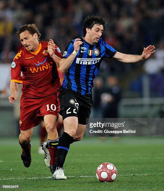 Francesco Totti of Roma and Diego Milito of Inter in action during the match the Tim Cup between FC Internazionale Milano and AS Roma at Stadio...