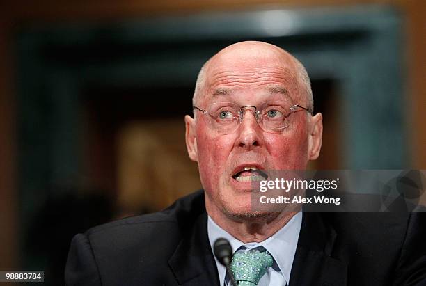 Former U.S. Treasury Secretary Henry Paulson testifies during a hearing before the Financial Crisis Inquiry Commission May 6, 2010 on Capitol Hill in...